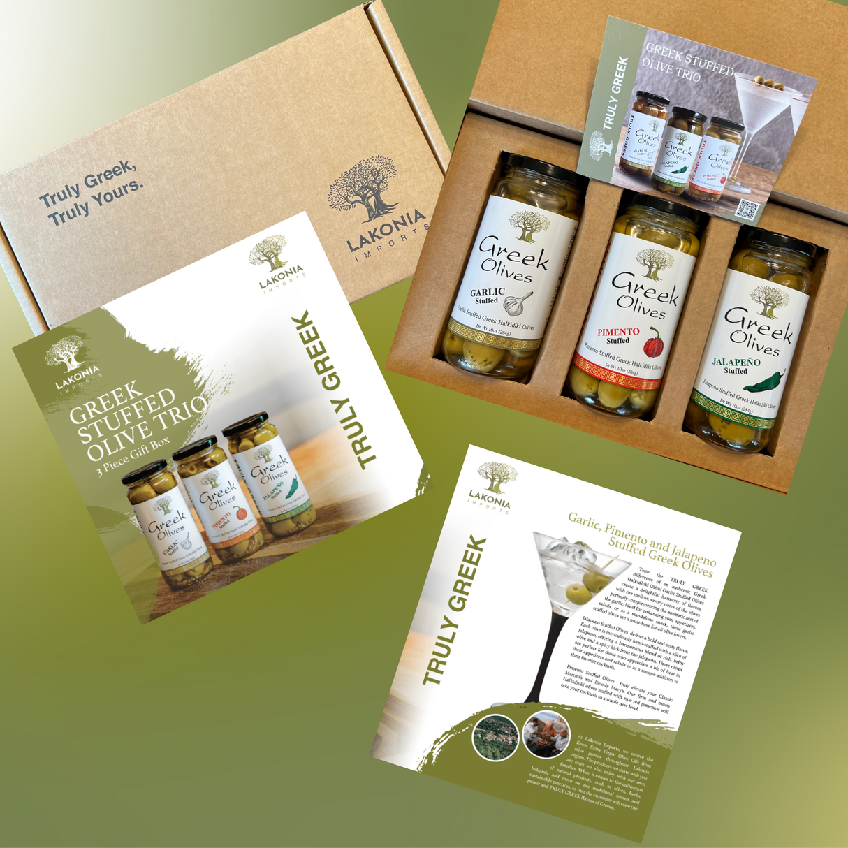 TRULY GREEK Stuffed Olive Trio Gift Box – Garlic, Jalapeno & Pimento