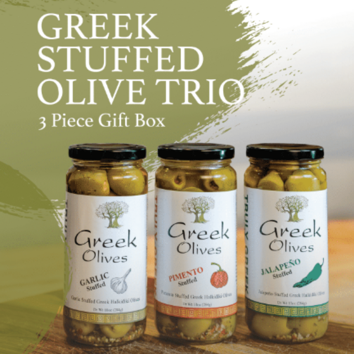 TRULY GREEK Stuffed Olive Trio Gift Box – Garlic, Jalapeno & Pimento