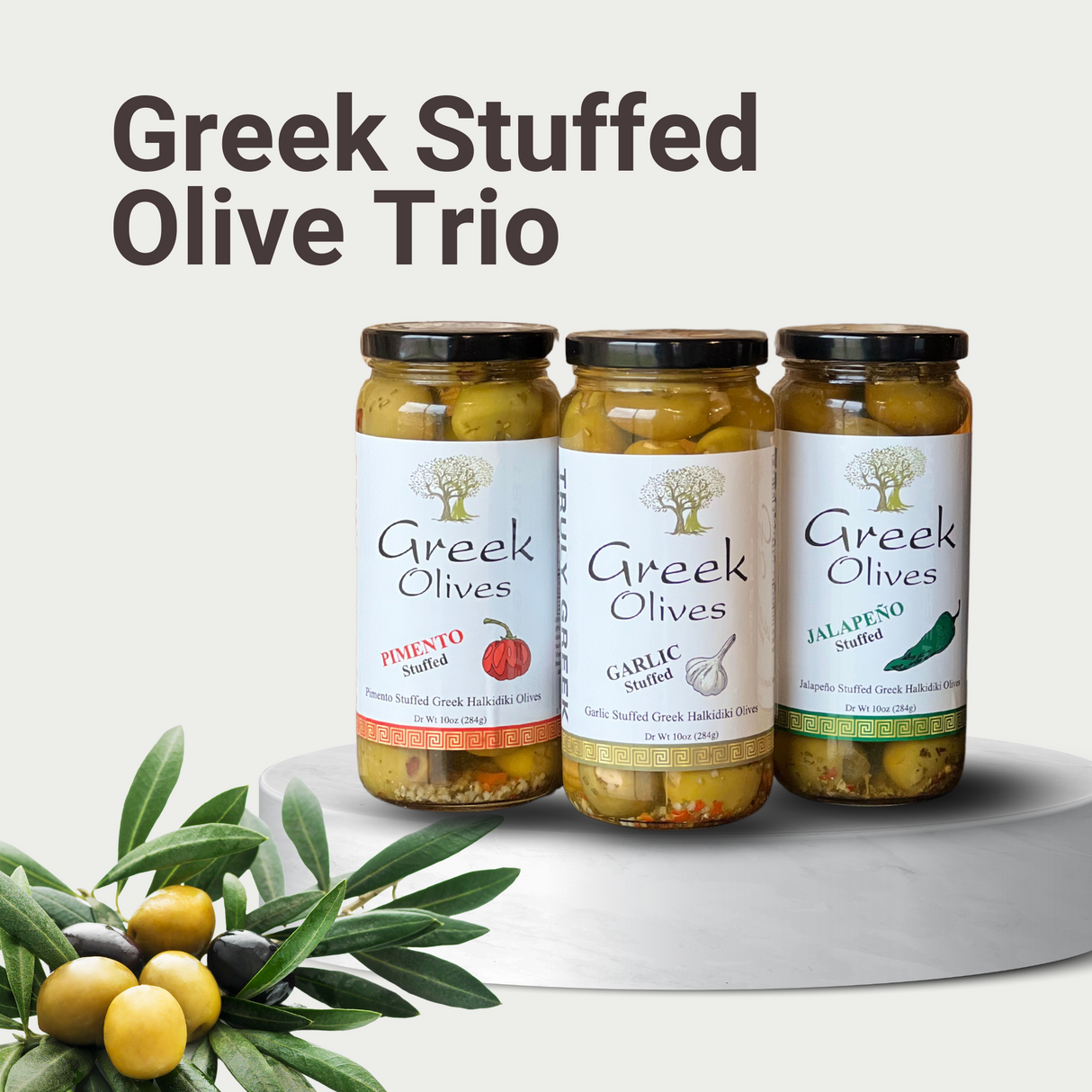 TRULY GREEK Stuffed Olive Trio Gift Box – Garlic, Jalapeno & Pimento