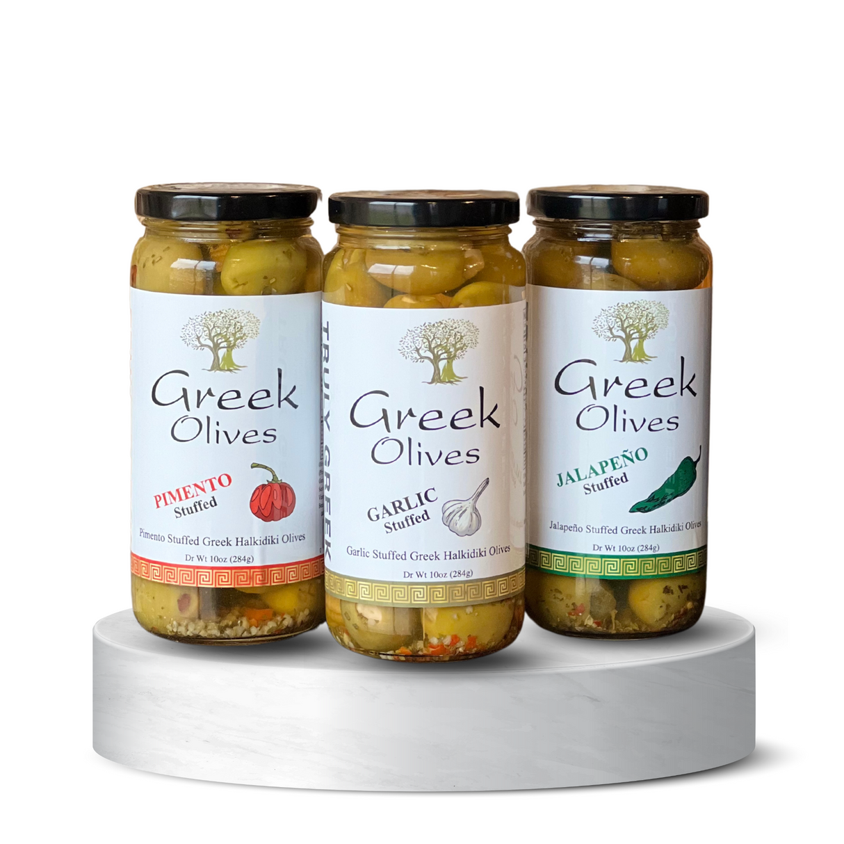 TRULY GREEK Stuffed Olive Trio Gift Box – Garlic, Jalapeno & Pimento