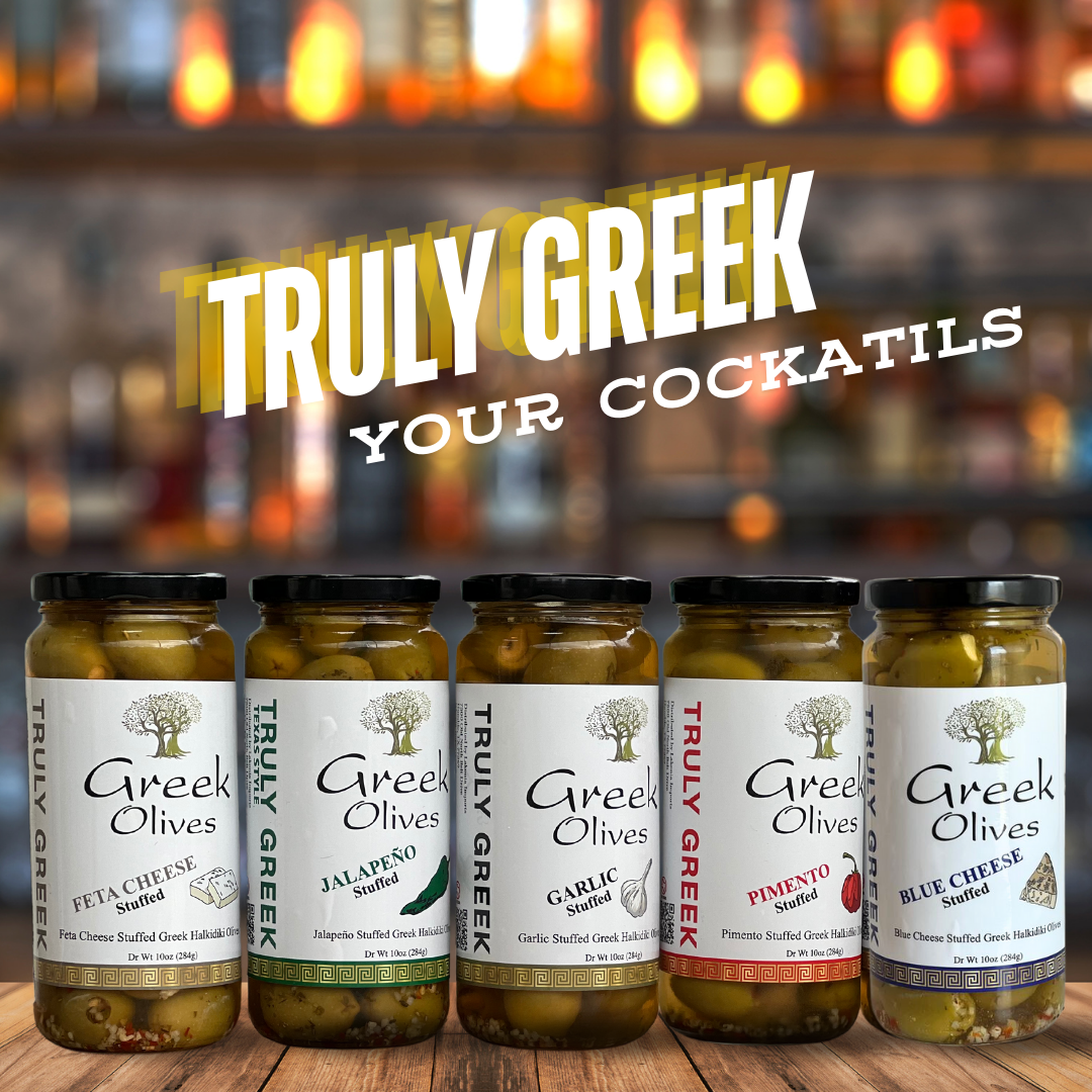 Greek Halkidiki Olives Stuffed With Pimento, Blue Cheese, Garlic, Jalapeno, and Feta Cheese