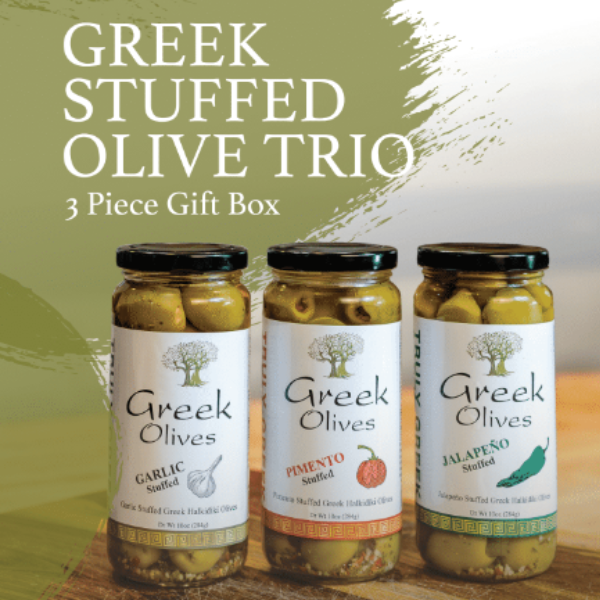 Authentic Greek Stuffed Olive Trio – Garlic, Jalapeno & Pimento