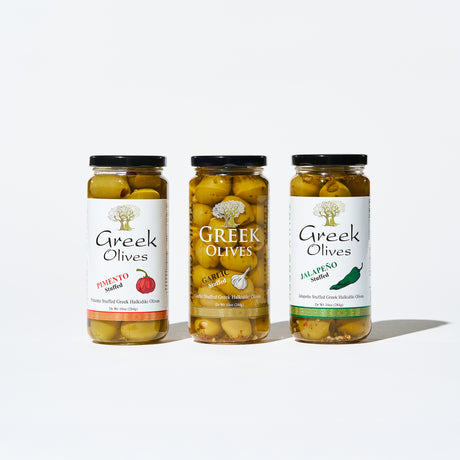 TRULY GREEK Stuffed Olive Trio Gift Box – Garlic, Jalapeno & Pimento