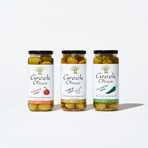 Authentic Greek Stuffed Olive Trio – Garlic, Jalapeno & Pimento